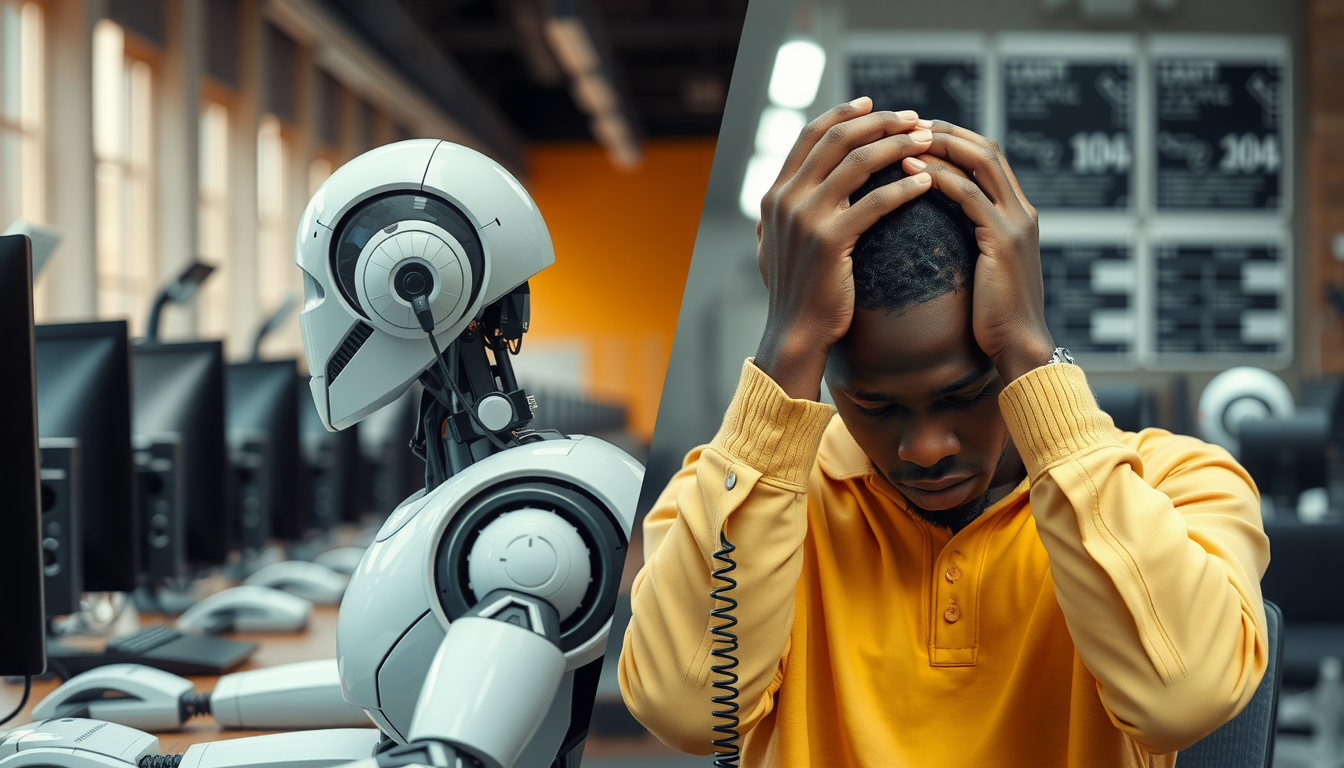 One side shows robots working in a call center, and the other side shows a worried African/Black human agent, showing how AI and humans work together in South Africa's call centers.
