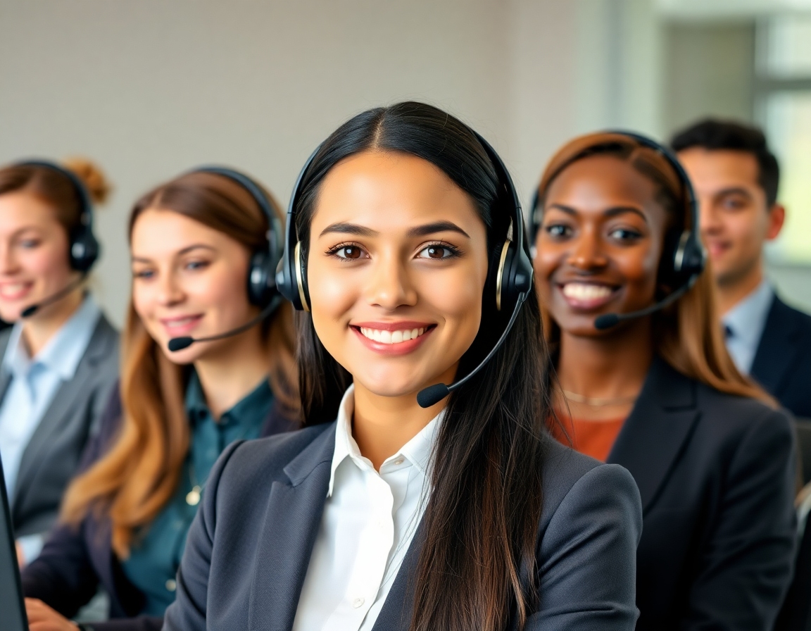 A diverse team of customer support professionals wearing headsets, working in a modern office environment.