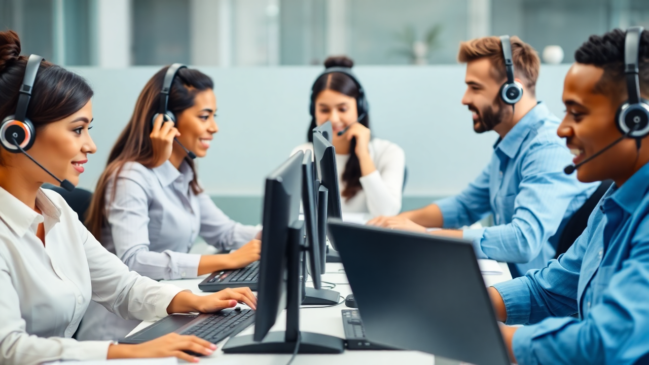 international Contact center agents sitting-at-desks-with-headsets-using-multiple-communication-devices