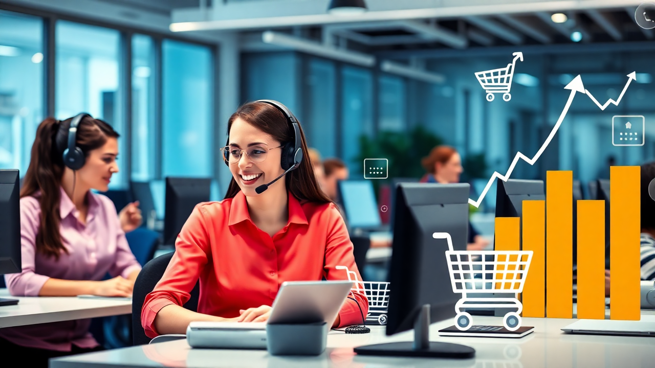 Ecommerce customer service agent offering customer support at a call center with a graph indicating costs