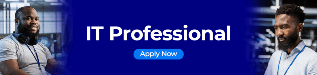 Two IT professionals working in a contact centre environment with the text “IT Professional – Apply Now,” representing a job opportunity at SkyHigh Global in Durban, South Africa.