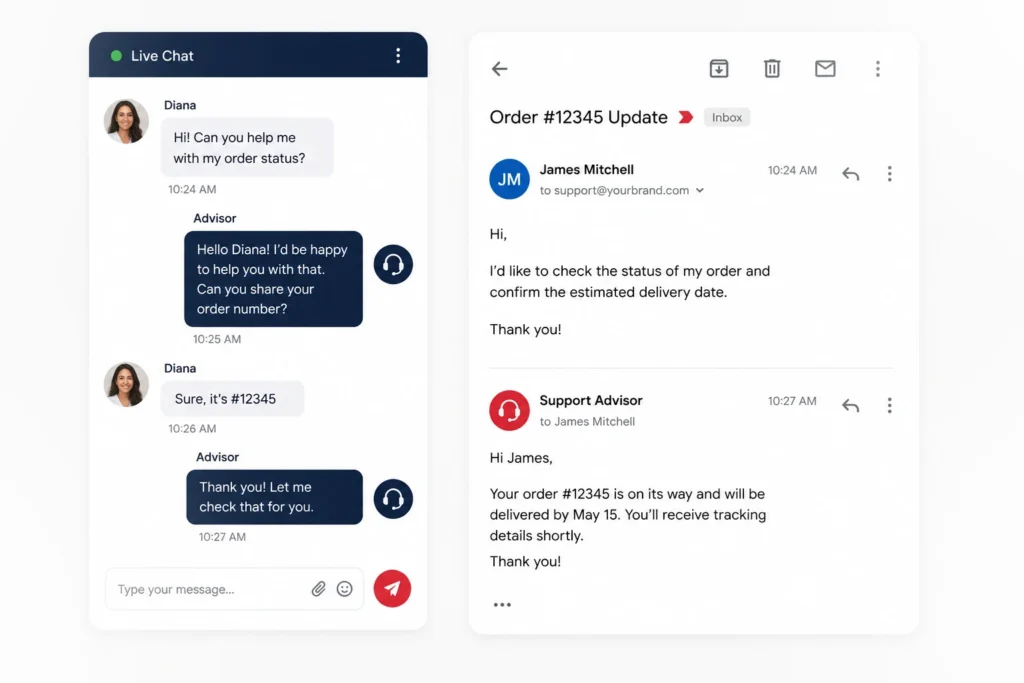 Customer support outsourcing interface showing live chat and email support conversations managed by dedicated support advisors.