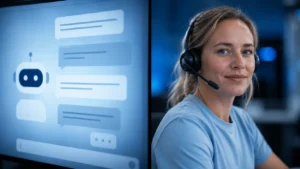 Human customer support vs AI in 2026 — professional advisor alongside chatbot interface, SkyHigh Global