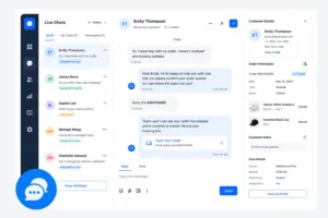 Live chat support interface showing real-time customer conversations and order update queries