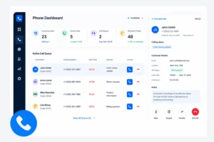 Phone support dashboard showing active call queue, inbound calls, and customer order enquiries